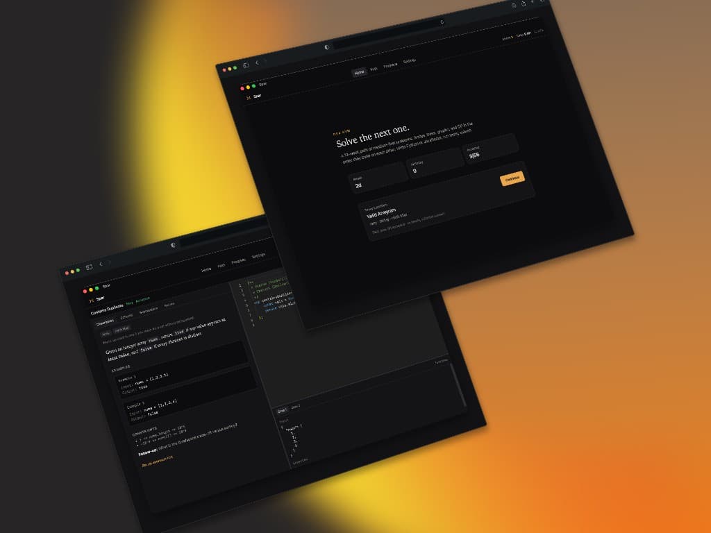 Spar desktop app — home and interview workspace on a dark gold stage