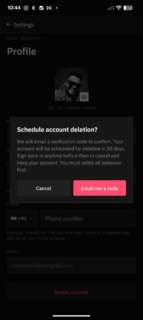 Timmy dialog asking to schedule account deletion and email a verification code