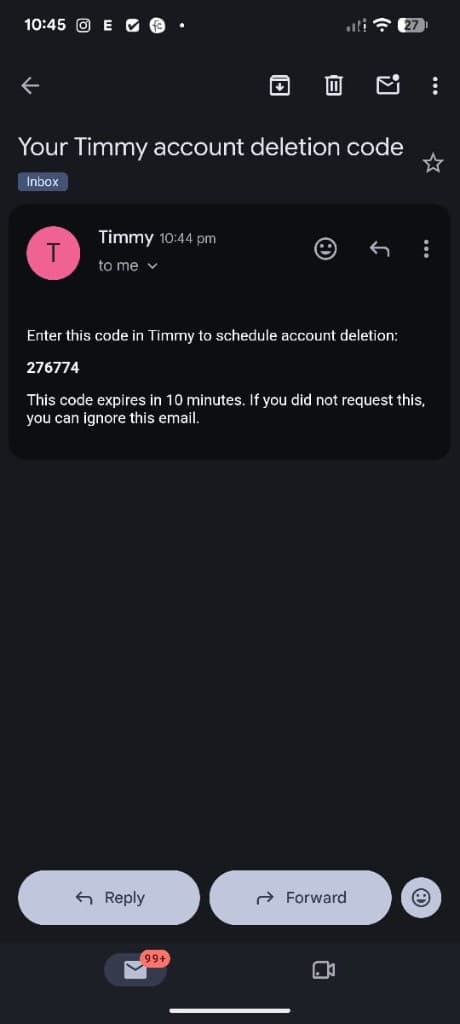 Email from Timmy with a 6-digit account deletion verification code