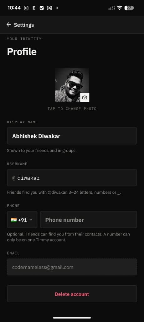Timmy Profile screen with the Delete account button at the bottom