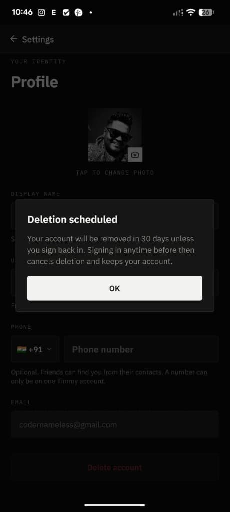 Timmy confirmation that account deletion has been scheduled for 30 days
