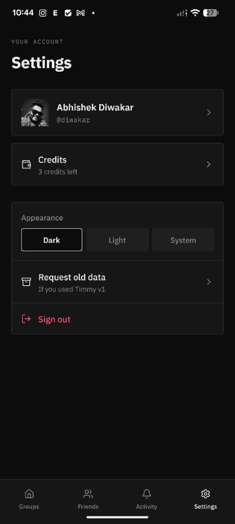 Timmy Settings screen with the profile card at the top
