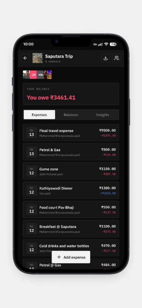 Timmy Saputara Trip screen with balance and expense list