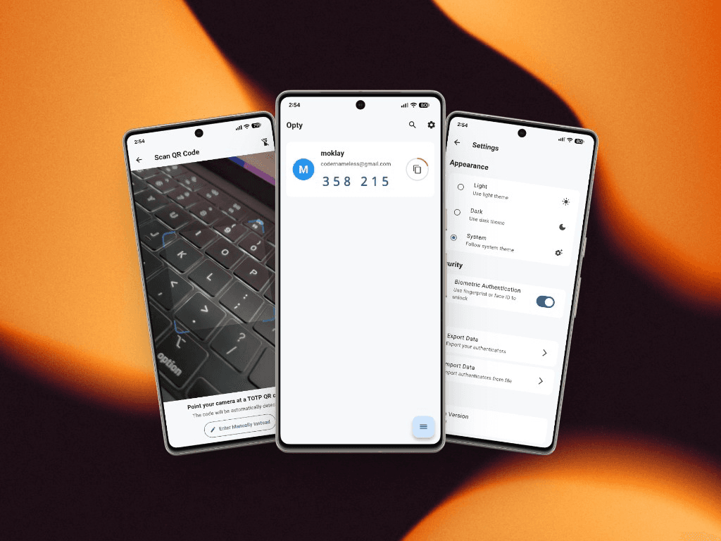 Opty — TOTP codes, QR scanner, and settings screens on phones