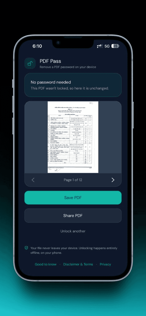 PDF Pass unlocked preview with Save and Share