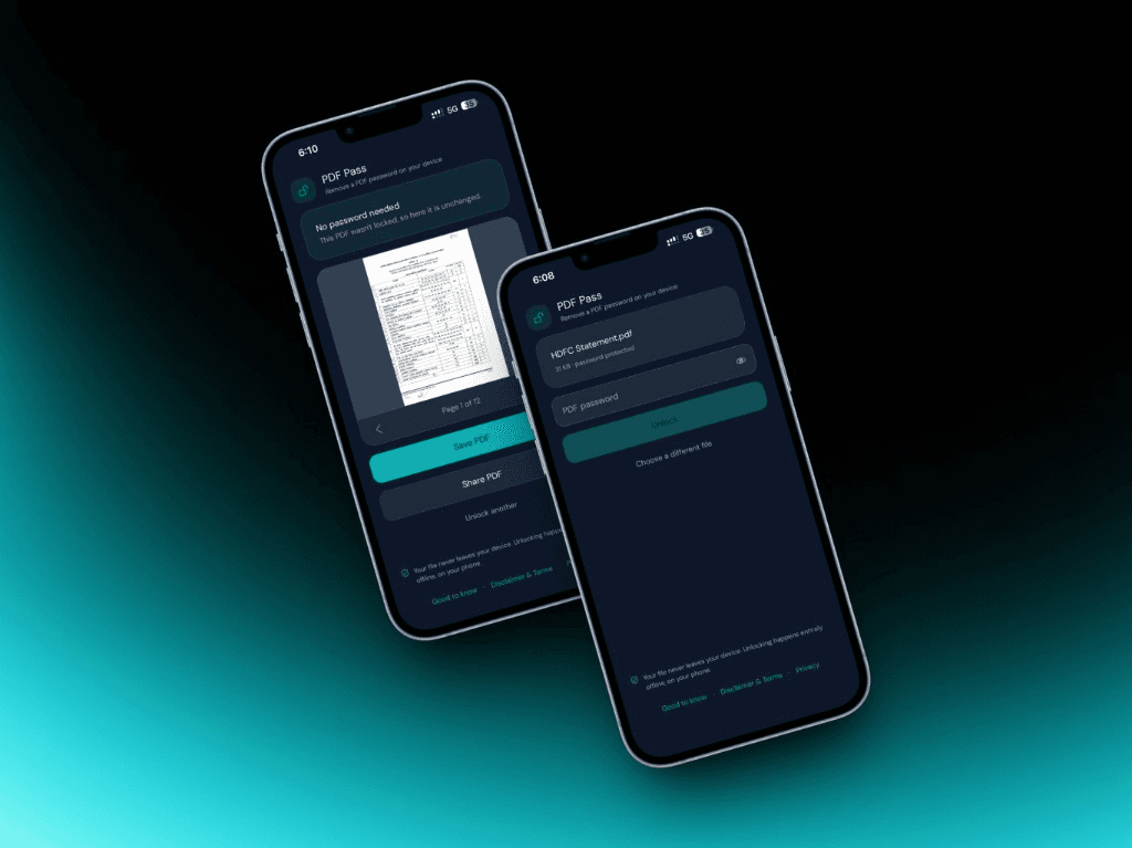 PDF Pass — password unlock and preview screens on two phones